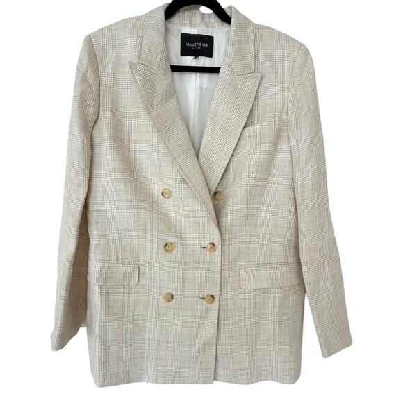 Lafayette 148 New York Linen Blazer Size 12 Beige Plaid Double Breasted Jacket - Picture 1 of 7